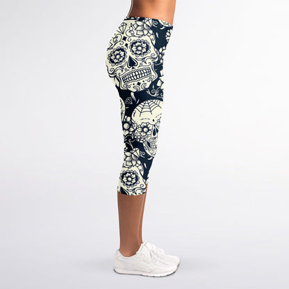 White Floral Sugar Skull Pattern Print Women's Capri Leggings