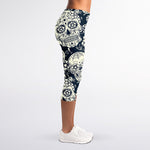 White Floral Sugar Skull Pattern Print Women's Capri Leggings
