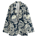 White Floral Sugar Skull Pattern Print Women's Cotton Blazer