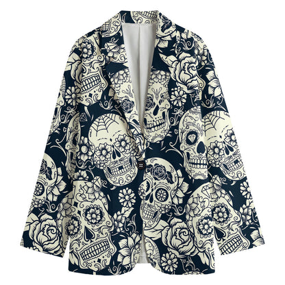 White Floral Sugar Skull Pattern Print Women's Cotton Blazer