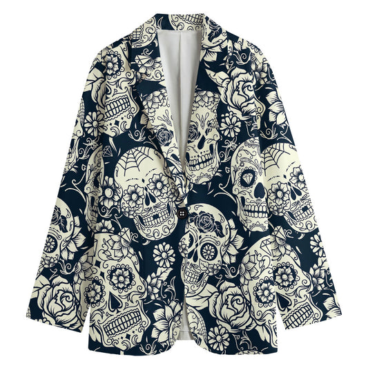 White Floral Sugar Skull Pattern Print Women's Cotton Blazer