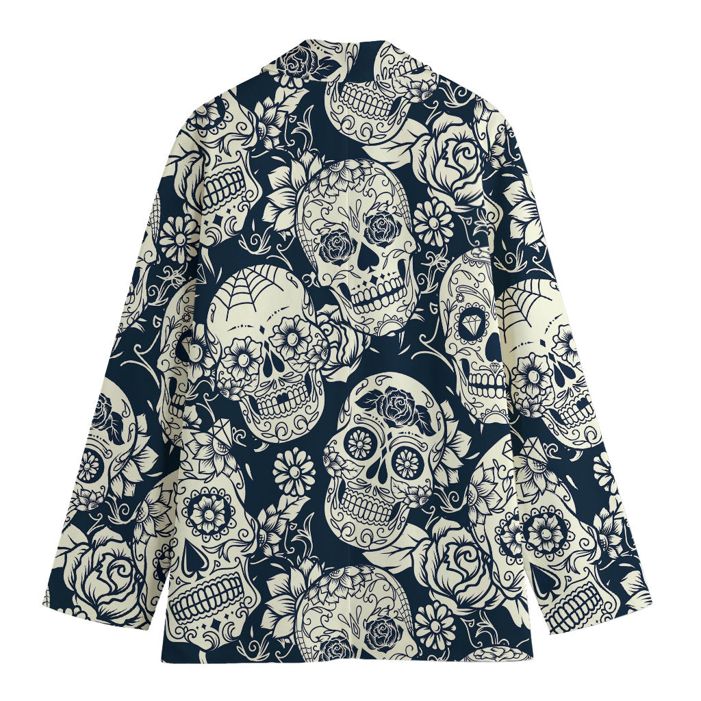 White Floral Sugar Skull Pattern Print Women's Cotton Blazer