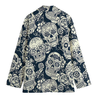 White Floral Sugar Skull Pattern Print Women's Cotton Blazer