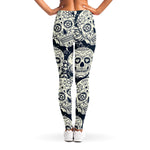 White Floral Sugar Skull Pattern Print Women's Leggings