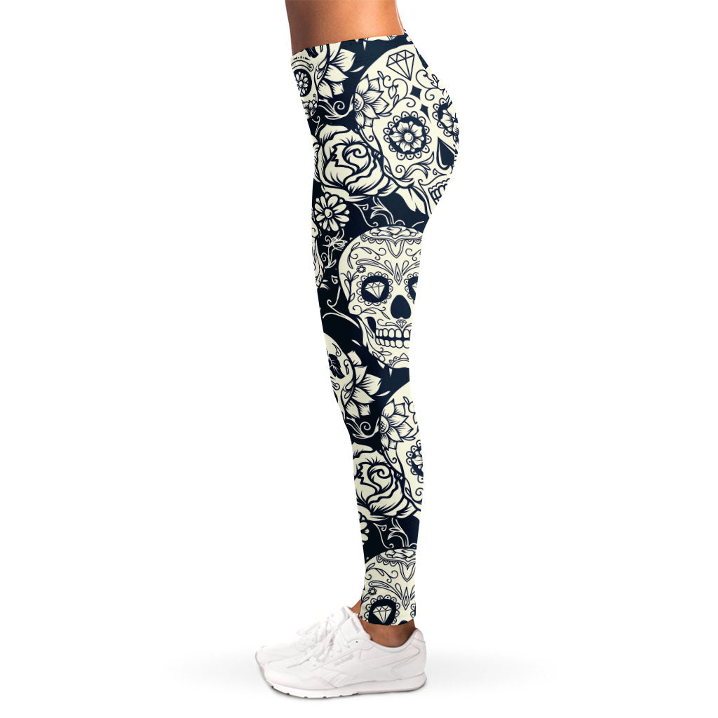 White Floral Sugar Skull Pattern Print Women's Leggings