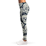 White Floral Sugar Skull Pattern Print Women's Leggings