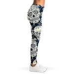 White Floral Sugar Skull Pattern Print Women's Leggings