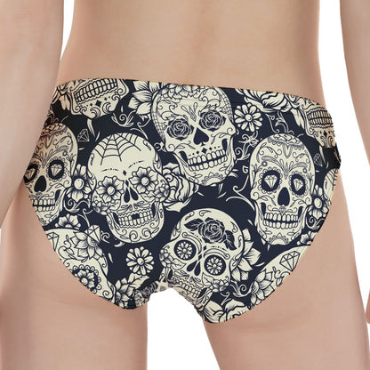 White Floral Sugar Skull Pattern Print Women's Panties