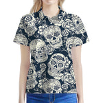 White Floral Sugar Skull Pattern Print Women's Polo Shirt