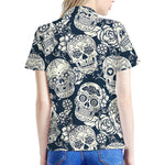 White Floral Sugar Skull Pattern Print Women's Polo Shirt