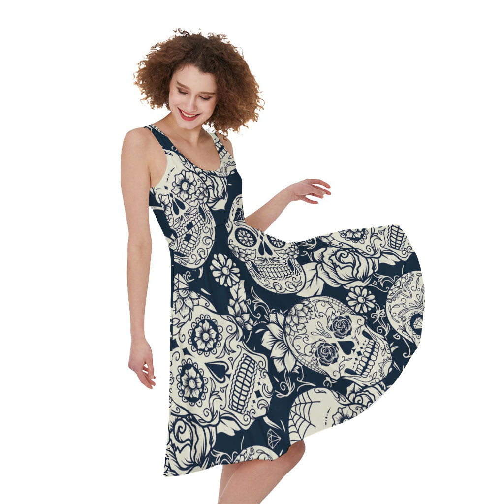 White Floral Sugar Skull Pattern Print Women's Sleeveless Dress