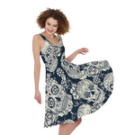 White Floral Sugar Skull Pattern Print Women's Sleeveless Dress