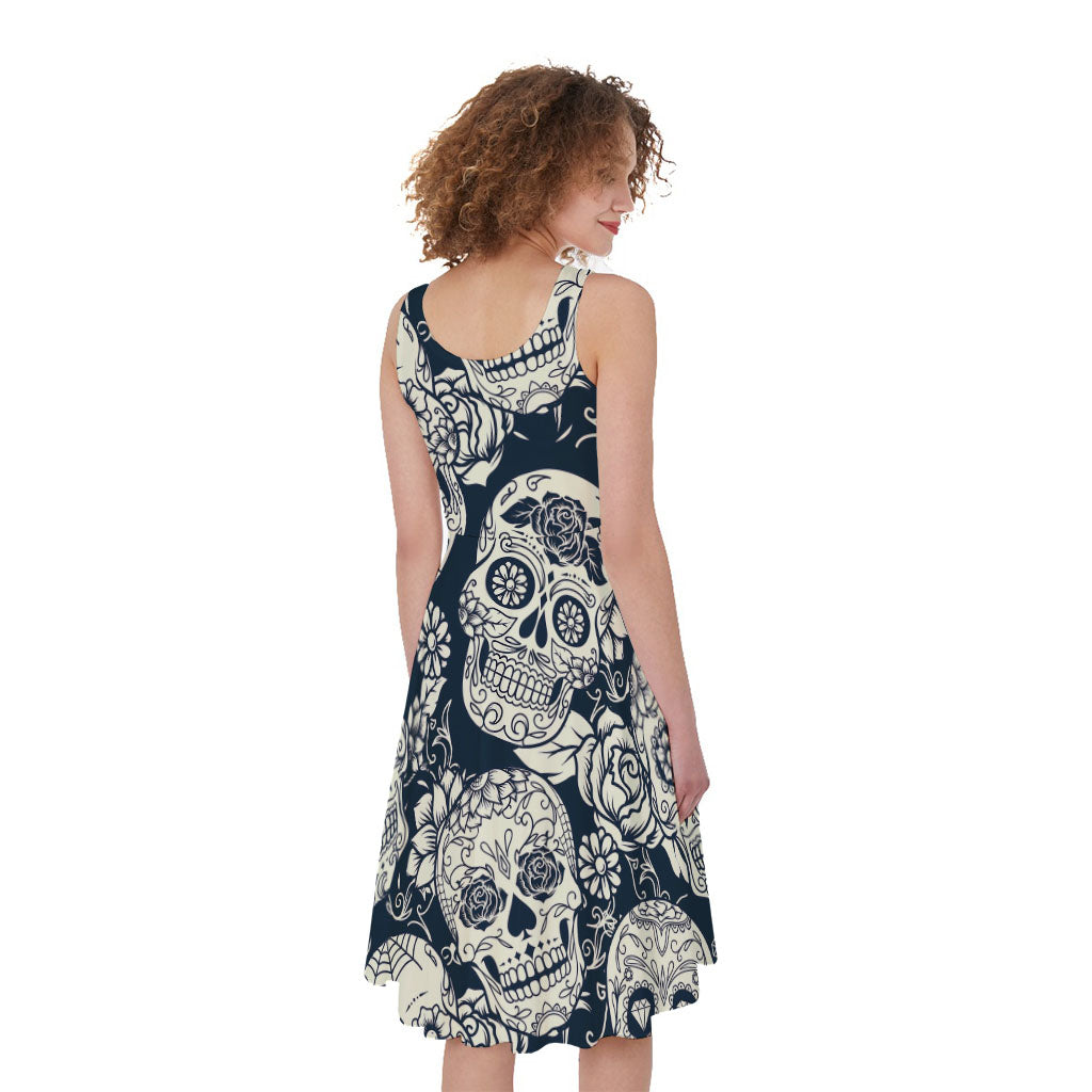 White Floral Sugar Skull Pattern Print Women's Sleeveless Dress