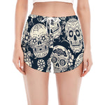 White Floral Sugar Skull Pattern Print Women's Split Running Shorts