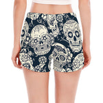 White Floral Sugar Skull Pattern Print Women's Split Running Shorts