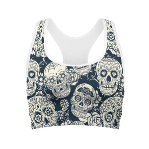 White Floral Sugar Skull Pattern Print Women's Sports Bra