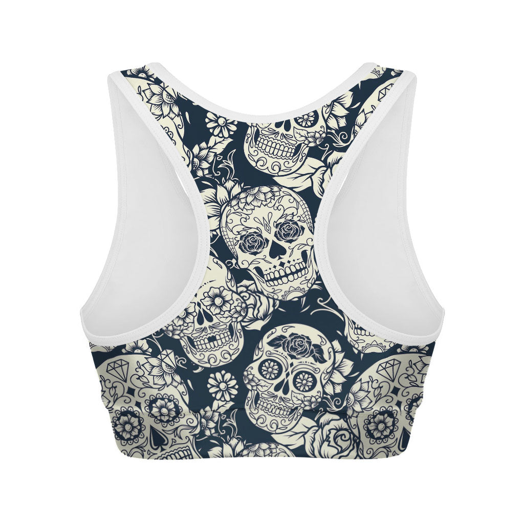 White Floral Sugar Skull Pattern Print Women's Sports Bra