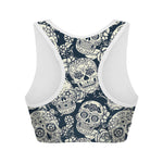 White Floral Sugar Skull Pattern Print Women's Sports Bra