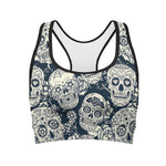 White Floral Sugar Skull Pattern Print Women's Sports Bra