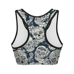 White Floral Sugar Skull Pattern Print Women's Sports Bra