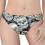 White Floral Sugar Skull Pattern Print Women's Thong