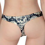 White Floral Sugar Skull Pattern Print Women's Thong