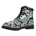 White Floral Sugar Skull Pattern Print Padded Collar Lace Up Boots