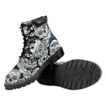 White Floral Sugar Skull Pattern Print Work Boots