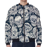 White Floral Sugar Skull Pattern Print Zip Sleeve Bomber Jacket