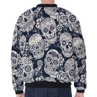 White Floral Sugar Skull Pattern Print Zip Sleeve Bomber Jacket