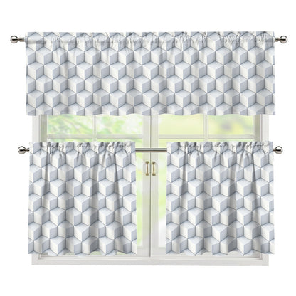 White Geometric Cube Shape Pattern Print 3 Piece Kitchen Curtains