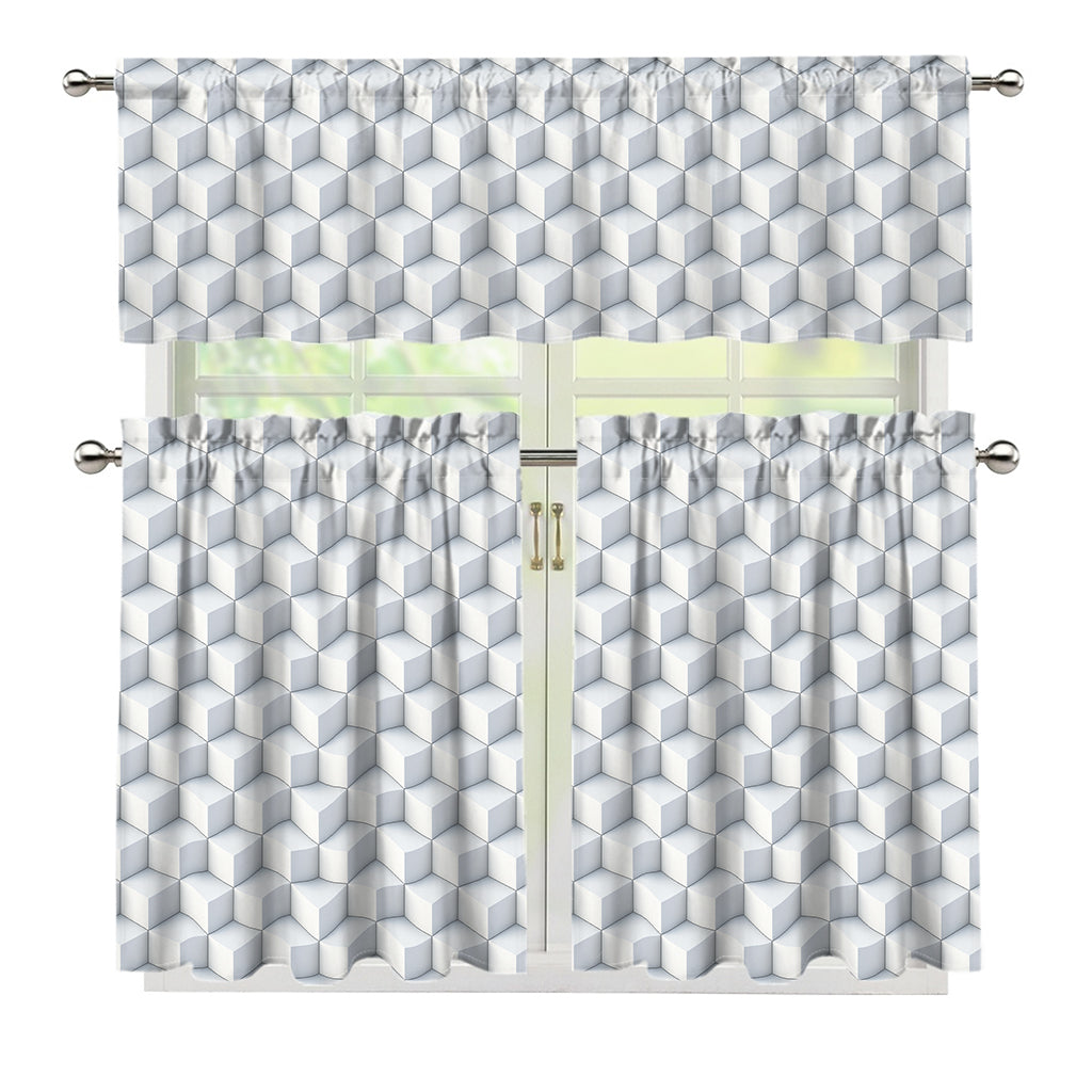 White Geometric Cube Shape Pattern Print 3 Piece Kitchen Curtains