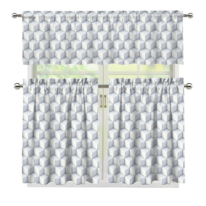 White Geometric Cube Shape Pattern Print 3 Piece Kitchen Curtains