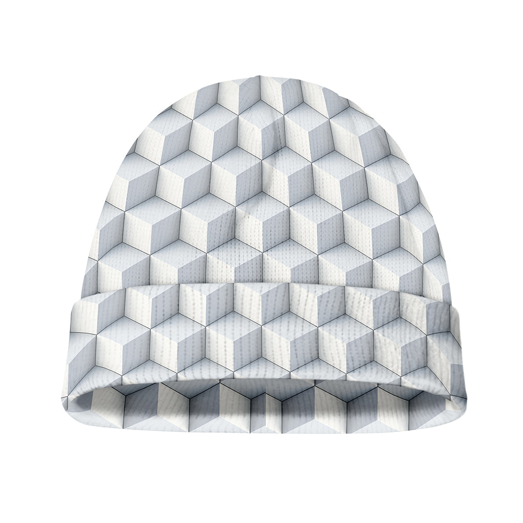 White Geometric Cube Shape Pattern Print Beanie