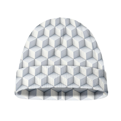 White Geometric Cube Shape Pattern Print Beanie