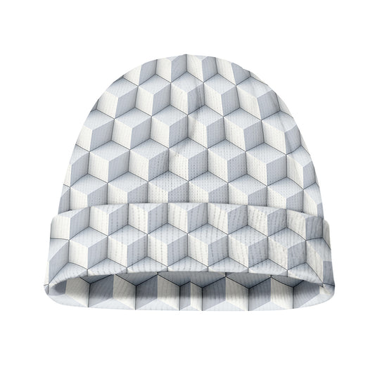 White Geometric Cube Shape Pattern Print Beanie