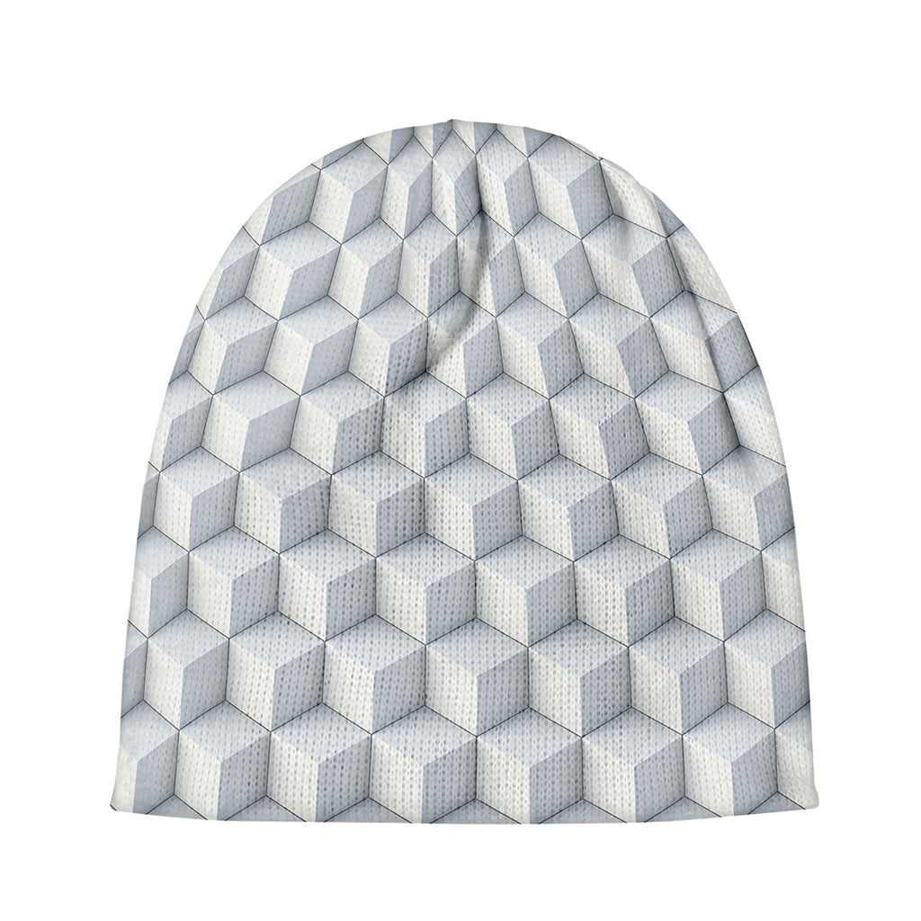 White Geometric Cube Shape Pattern Print Beanie