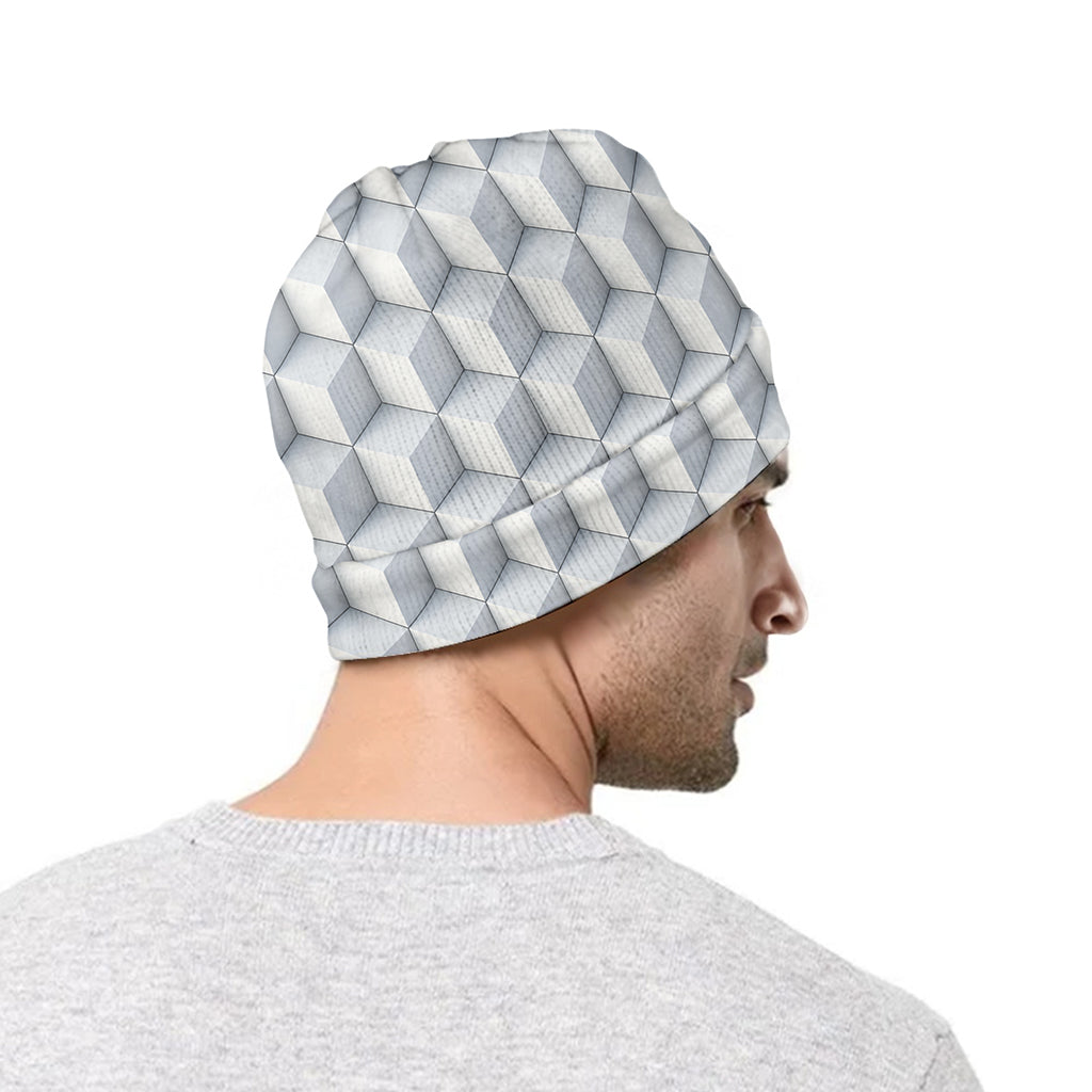 White Geometric Cube Shape Pattern Print Beanie