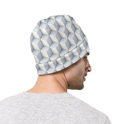 White Geometric Cube Shape Pattern Print Beanie