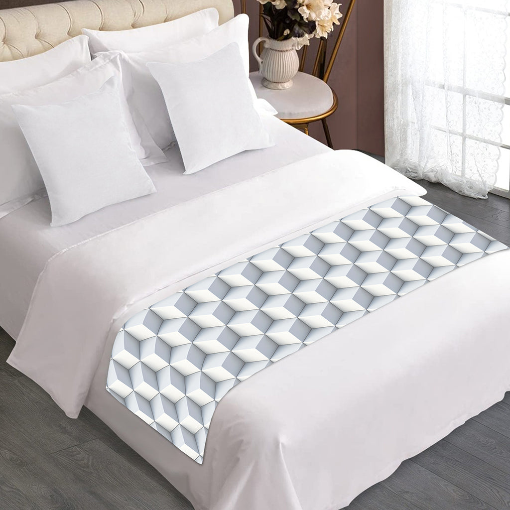 White Geometric Cube Shape Pattern Print Bed Runner