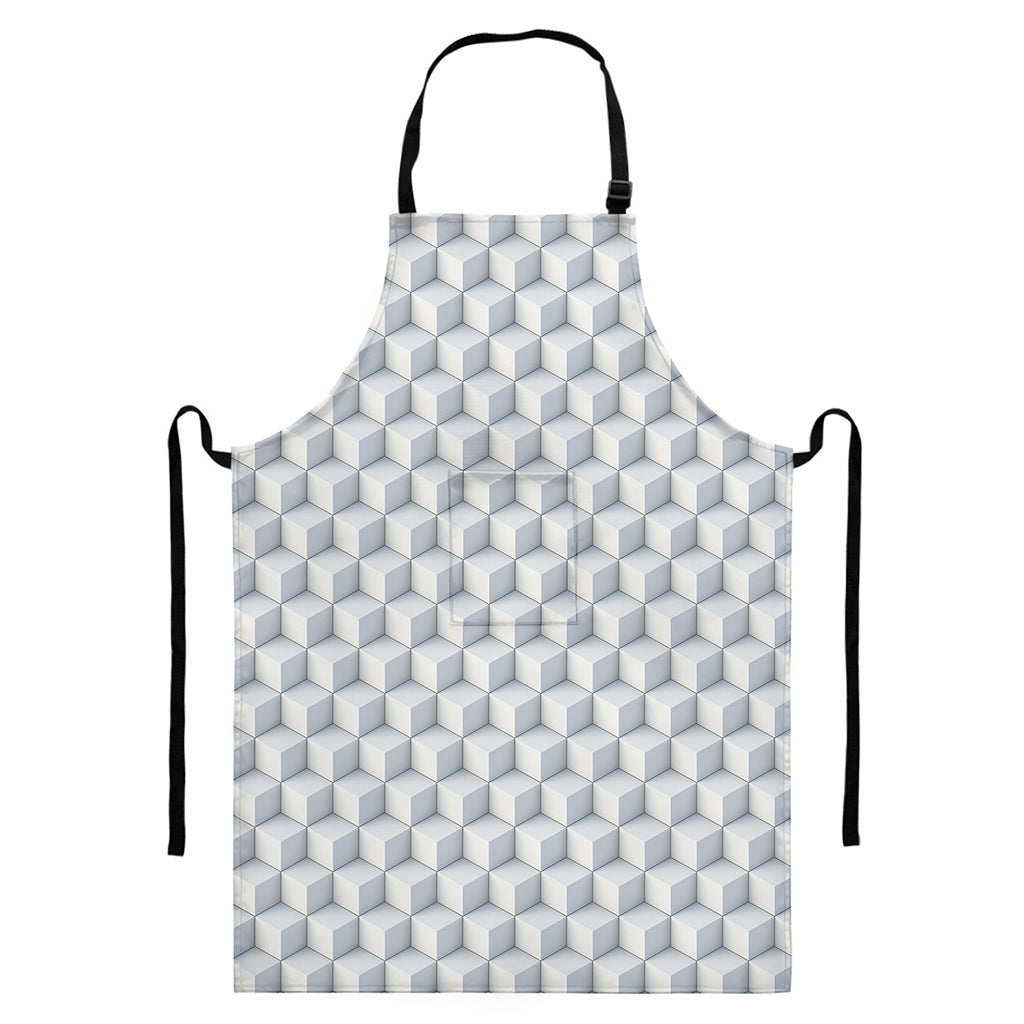 White Geometric Cube Shape Pattern Print Bib Apron With Pocket
