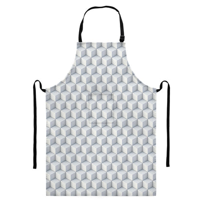 White Geometric Cube Shape Pattern Print Bib Apron With Pocket