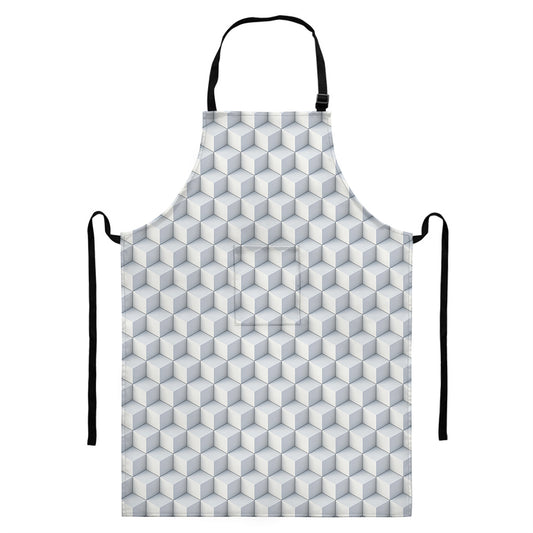 White Geometric Cube Shape Pattern Print Bib Apron With Pocket