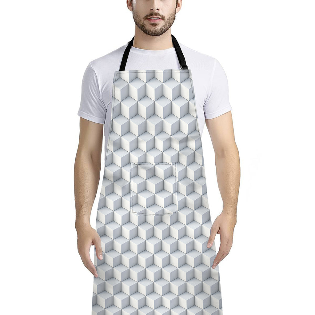 White Geometric Cube Shape Pattern Print Bib Apron With Pocket