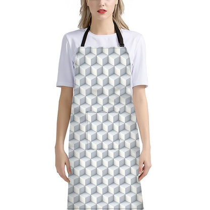 White Geometric Cube Shape Pattern Print Bib Apron With Pocket