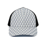 White Geometric Cube Shape Pattern Print Black Mesh Trucker Cap