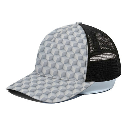 White Geometric Cube Shape Pattern Print Black Mesh Trucker Cap