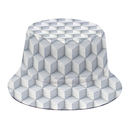 White Geometric Cube Shape Pattern Print Bucket Hat