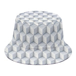 White Geometric Cube Shape Pattern Print Bucket Hat