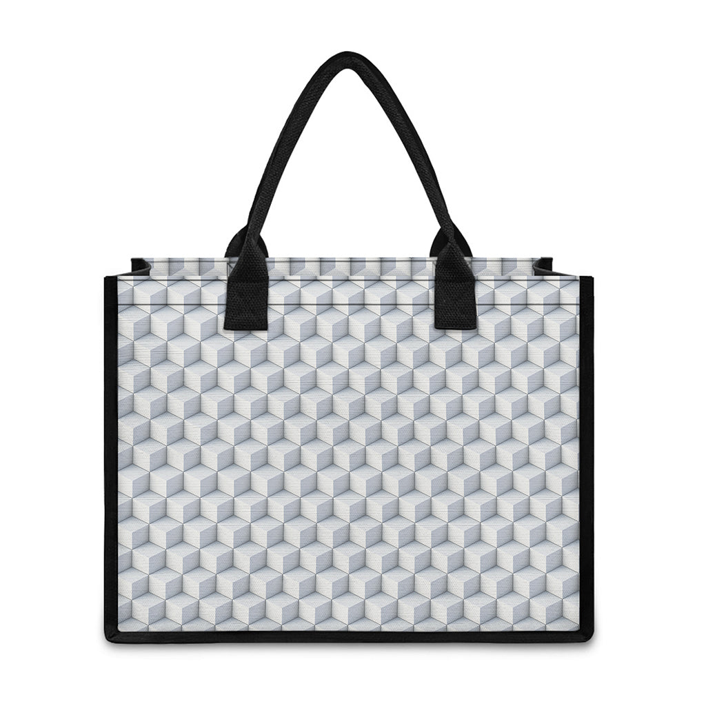 White Geometric Cube Shape Pattern Print Canvas Tote Bag